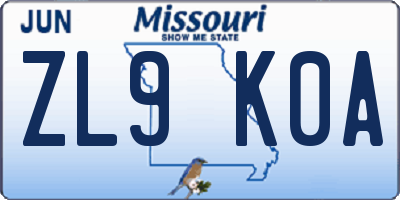 MO license plate ZL9K0A