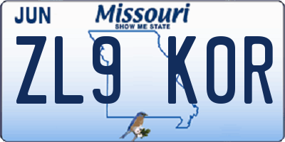 MO license plate ZL9K0R