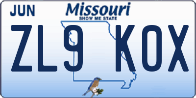 MO license plate ZL9K0X