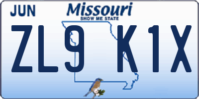 MO license plate ZL9K1X