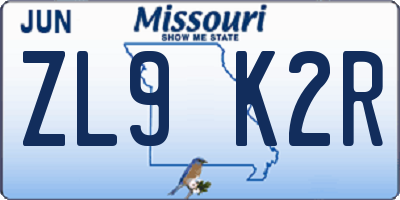 MO license plate ZL9K2R