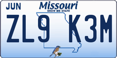 MO license plate ZL9K3M