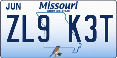 MO license plate ZL9K3T