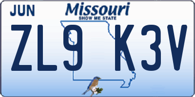 MO license plate ZL9K3V