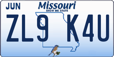 MO license plate ZL9K4U
