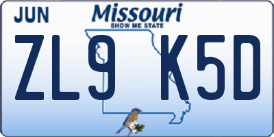 MO license plate ZL9K5D