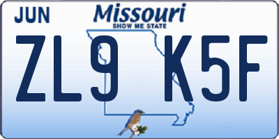 MO license plate ZL9K5F