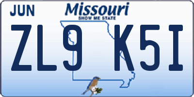 MO license plate ZL9K5I