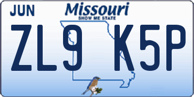 MO license plate ZL9K5P