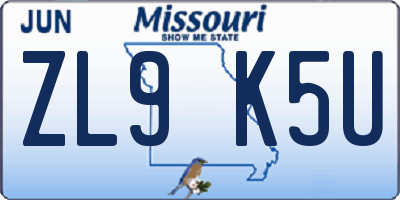MO license plate ZL9K5U