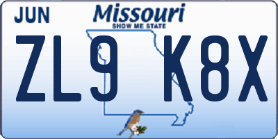 MO license plate ZL9K8X