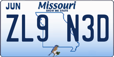 MO license plate ZL9N3D