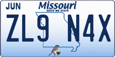 MO license plate ZL9N4X