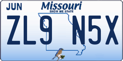 MO license plate ZL9N5X