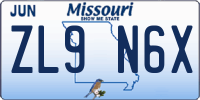 MO license plate ZL9N6X