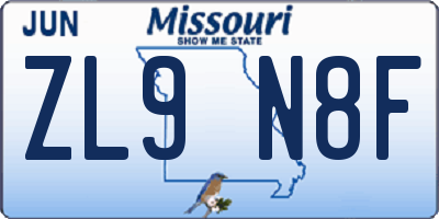 MO license plate ZL9N8F