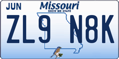 MO license plate ZL9N8K