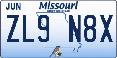 MO license plate ZL9N8X