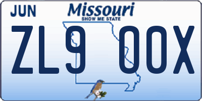 MO license plate ZL9O0X