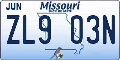 MO license plate ZL9O3N