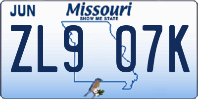 MO license plate ZL9O7K