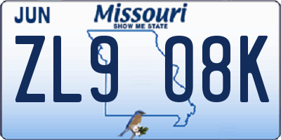 MO license plate ZL9O8K
