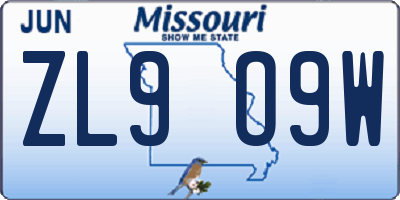 MO license plate ZL9O9W