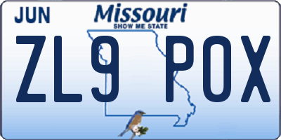MO license plate ZL9P0X