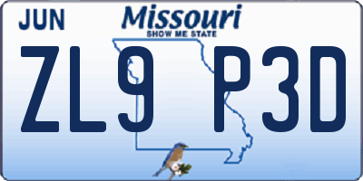 MO license plate ZL9P3D