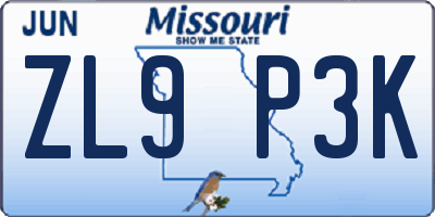 MO license plate ZL9P3K