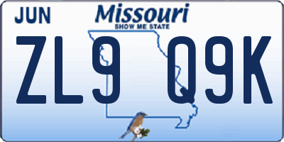 MO license plate ZL9Q9K
