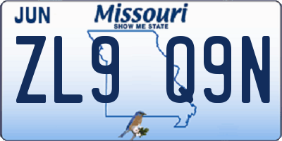 MO license plate ZL9Q9N