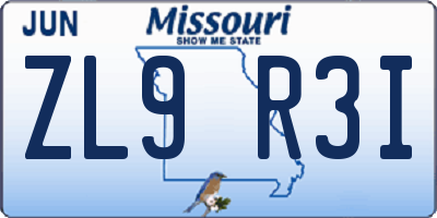 MO license plate ZL9R3I