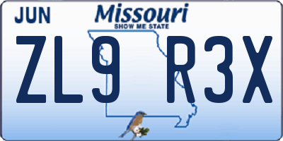MO license plate ZL9R3X
