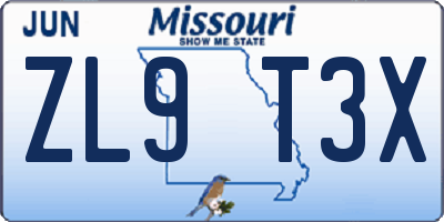 MO license plate ZL9T3X