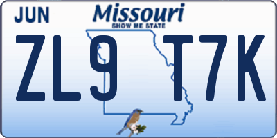 MO license plate ZL9T7K