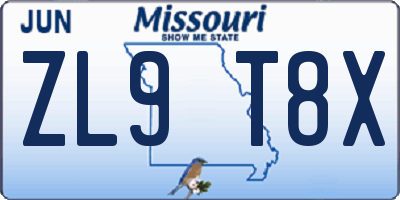 MO license plate ZL9T8X