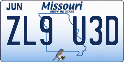 MO license plate ZL9U3D