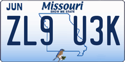 MO license plate ZL9U3K