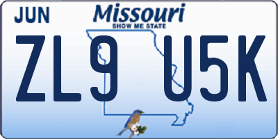 MO license plate ZL9U5K