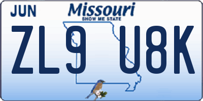 MO license plate ZL9U8K