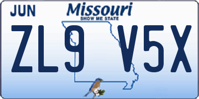 MO license plate ZL9V5X
