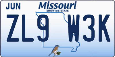 MO license plate ZL9W3K