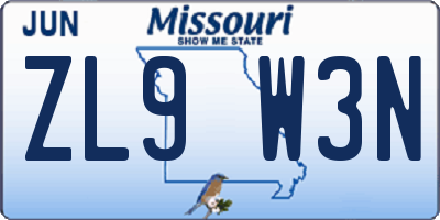 MO license plate ZL9W3N