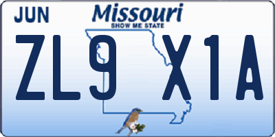 MO license plate ZL9X1A