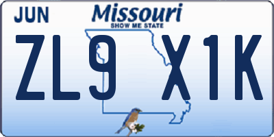 MO license plate ZL9X1K