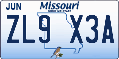MO license plate ZL9X3A