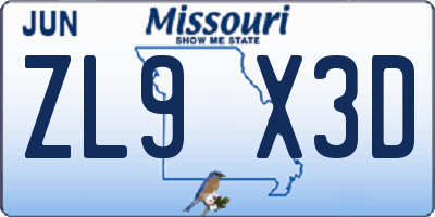 MO license plate ZL9X3D