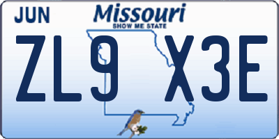 MO license plate ZL9X3E