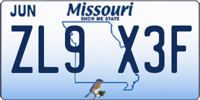 MO license plate ZL9X3F